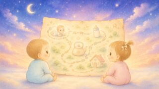 ふたりの赤ちゃんが、夜の育児をやさしくまとめた地図を一緒に見ている水彩イラスト