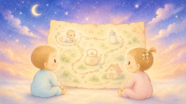 ふたりの赤ちゃんが、夜の育児をやさしくまとめた地図を一緒に見ている水彩イラスト