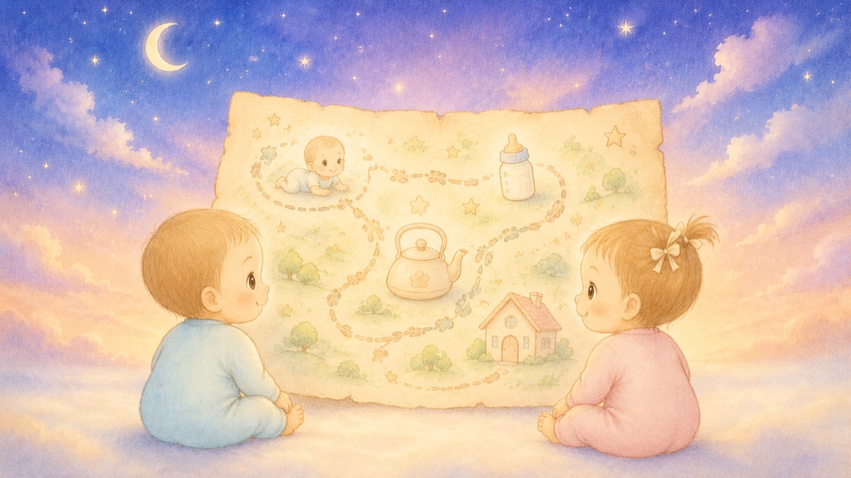 ふたりの赤ちゃんが、夜の育児をやさしくまとめた地図を一緒に見ている水彩イラスト