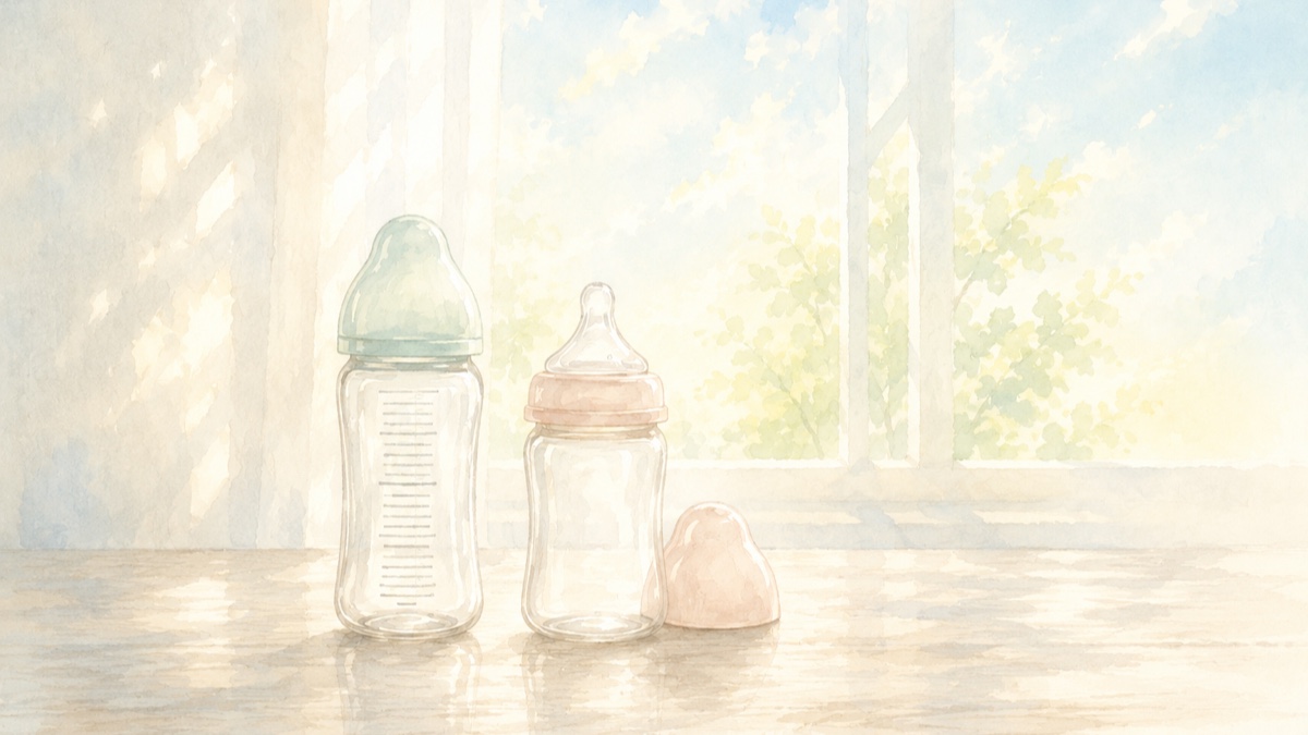 窓辺のやわらかな光の中に並ぶ、大小の哺乳瓶とハート（水彩イラスト）