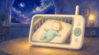 夜の窓辺のテーブルに置かれたベビーモニター。画面にベビーベッドで眠る赤ちゃんが映っている