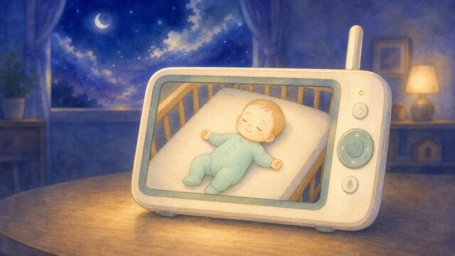 夜の窓辺のテーブルに置かれたベビーモニター。画面にベビーベッドで眠る赤ちゃんが映っている