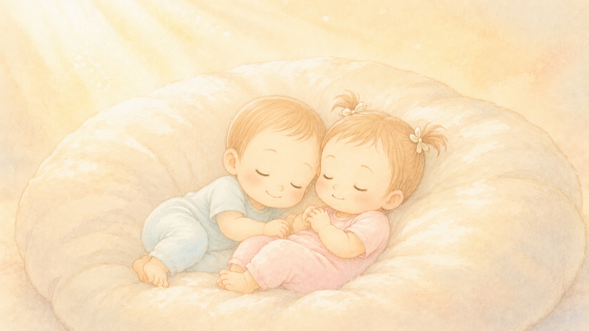 やわらかいクッションに包まれて眠るふたりの赤ちゃんと、あたたかい朝の光