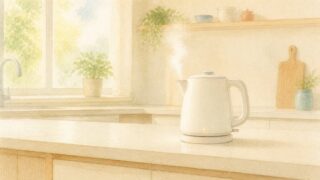 朝の光が入るキッチンで、白い電気ポットが湯気を立てている水彩イラスト