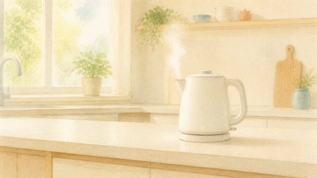 朝の光が入るキッチンで、白い電気ポットが湯気を立てている水彩イラスト