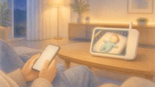夜のリビングでスマホを使う親の手元と、テーブルの上で眠る赤ちゃんを映すベビーモニター