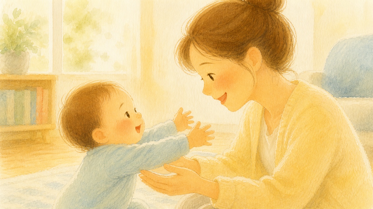 朝の光が入る部屋で、笑いながら手を伸ばす赤ちゃんと、両手を差し出して見つめる親のイラスト