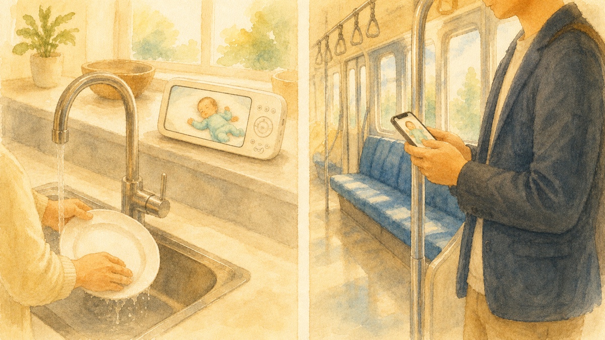 キッチンの専用モニターと、電車内でスマホを見る人を左右に描いた水彩イラスト