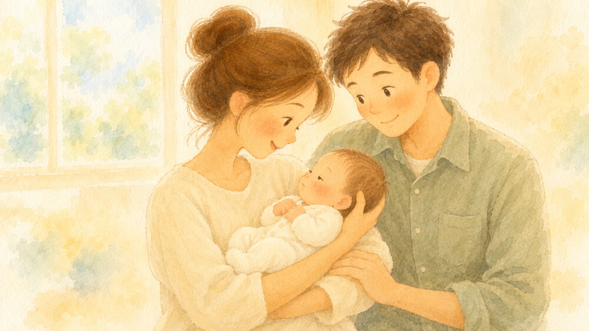 窓辺の部屋で、母親が新生児を抱いて顔を見つめ、父親がとなりから赤ちゃんの頭に手を添えている水彩イラスト
