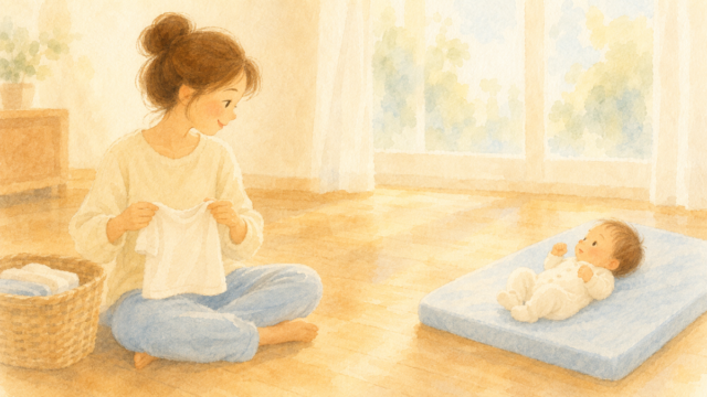 洗濯物をたたみながら、少し離れた寝床で静かに起きている赤ちゃんをやさしく見る母親