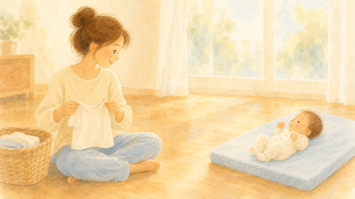洗濯物をたたみながら、少し離れた寝床で静かに起きている赤ちゃんをやさしく見る母親