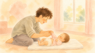あおむけの赤ちゃんに顔を近づけて話しかけながら、小さな腕をそっと袖に通している父親