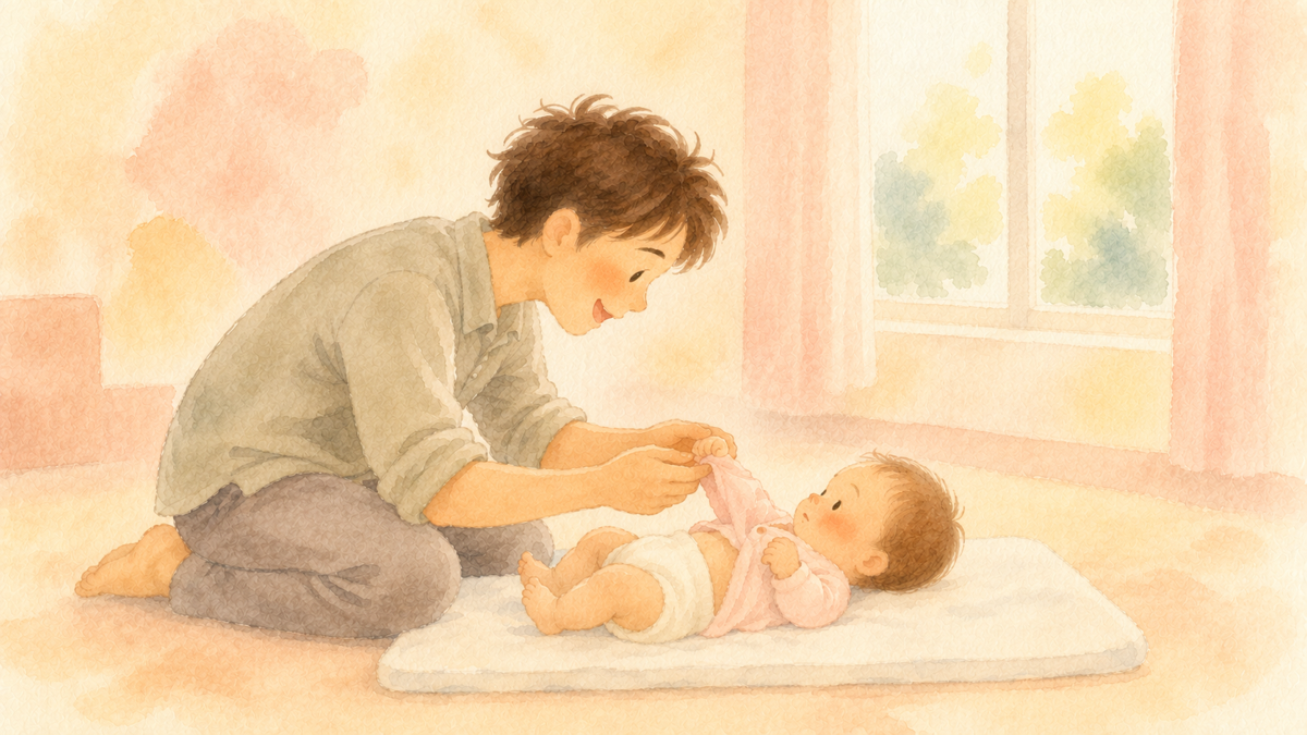 あおむけの赤ちゃんに顔を近づけて話しかけながら、小さな腕をそっと袖に通している父親