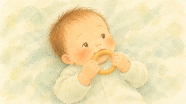 あおむけの赤ちゃんが、両手で持った歯固めのリングを口に運んでいる水彩イラスト