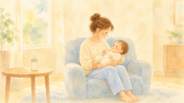 飲み終えた哺乳瓶を脇に置き、抱いた赤ちゃんの顔を見つめる母親の水彩イラスト。