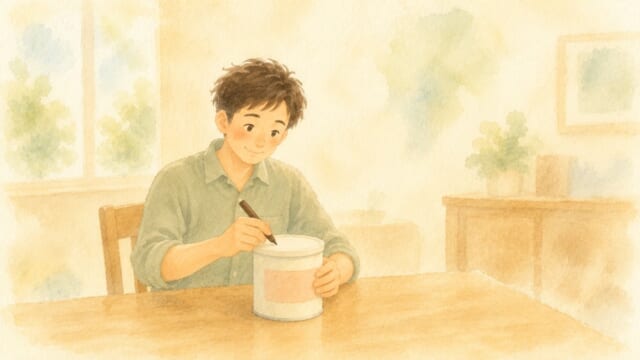 粉ミルクの缶のふたに、開けた日を書き留めようとする父親の水彩イラスト。