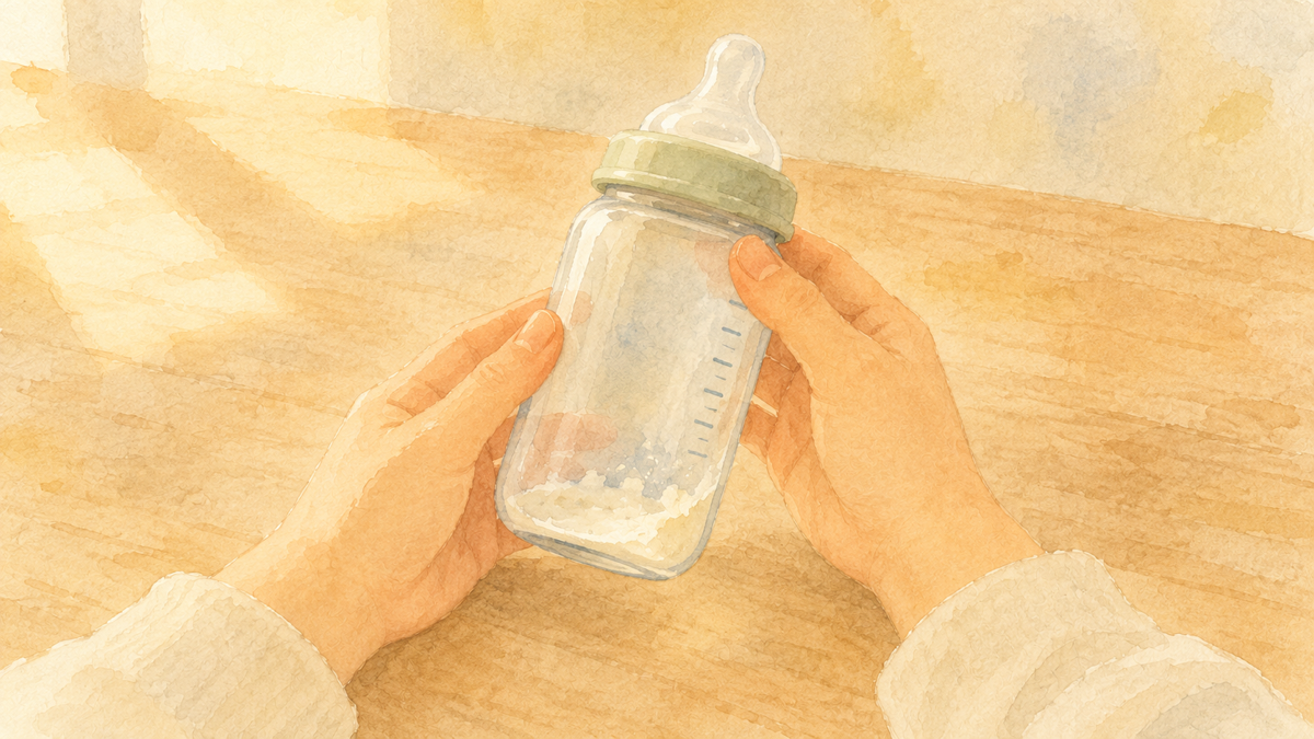 哺乳瓶を両手で持ち、底に残った白い粉の塊を確かめる水彩イラスト。