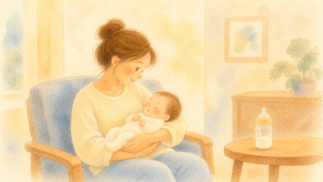 腕の中で眠る赤ちゃんを見守る母親と、テーブルに置かれたミルクが少し残った哺乳瓶の水彩イラスト。