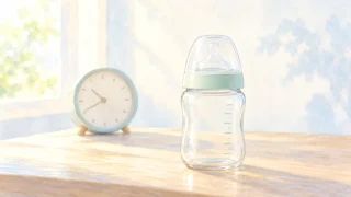 窓辺のテーブルに置かれた哺乳瓶と時計の水彩イラスト