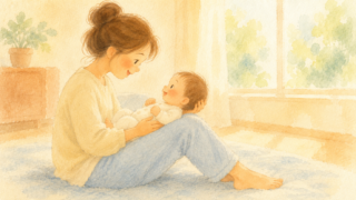 床に座った母親が、立てた太ももに赤ちゃんをもたせかけ、頭を手で支えながら向かい合って声をかけている水彩イラスト